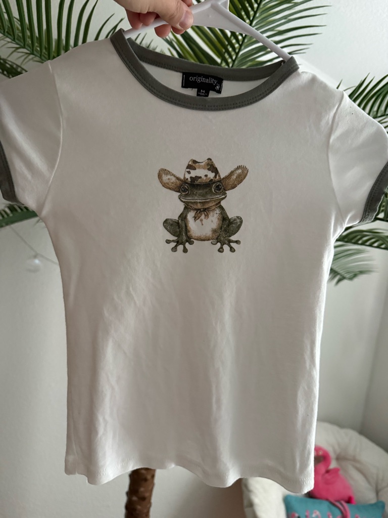 Originality White Ringer Tee With Olive Trim & Frog Graphic